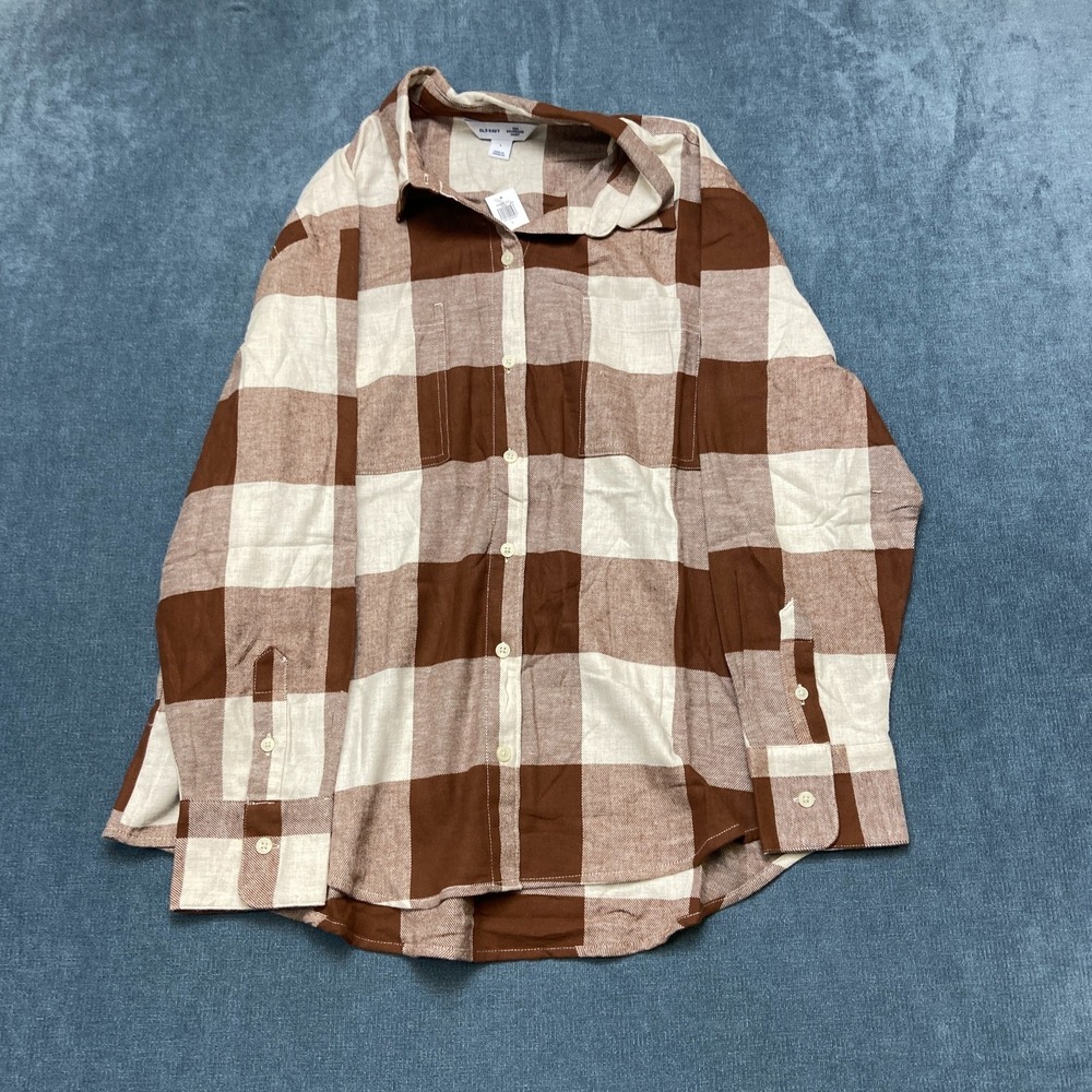 Old Navy The Boyfriend Flannel Shirt Womens Large Brown White Plaid Button-Up